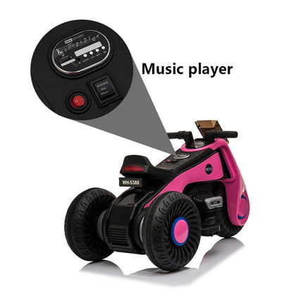 Pink and black toy motorcycle with blue accents, featuring a music player detail.