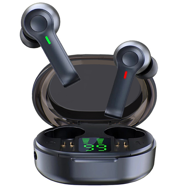 Black wireless earbuds with color indicators in an open charging case displaying "99".