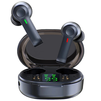Black wireless earbuds with color indicators in an open charging case displaying "99".