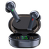 Black wireless earbuds with color indicators in an open charging case displaying "99".