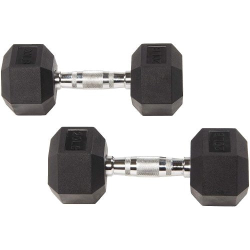 Two black hexagonal dumbbells with silver textured grips placed parallel on a white background.
