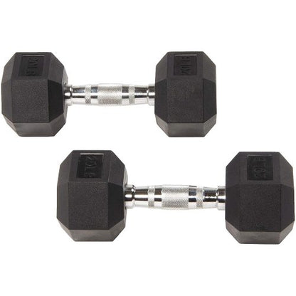 Two black hexagonal dumbbells with silver textured grips placed parallel on a white background.
