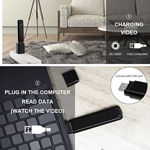 USB camera charging on a table, plugged into a laptop for data transfer.