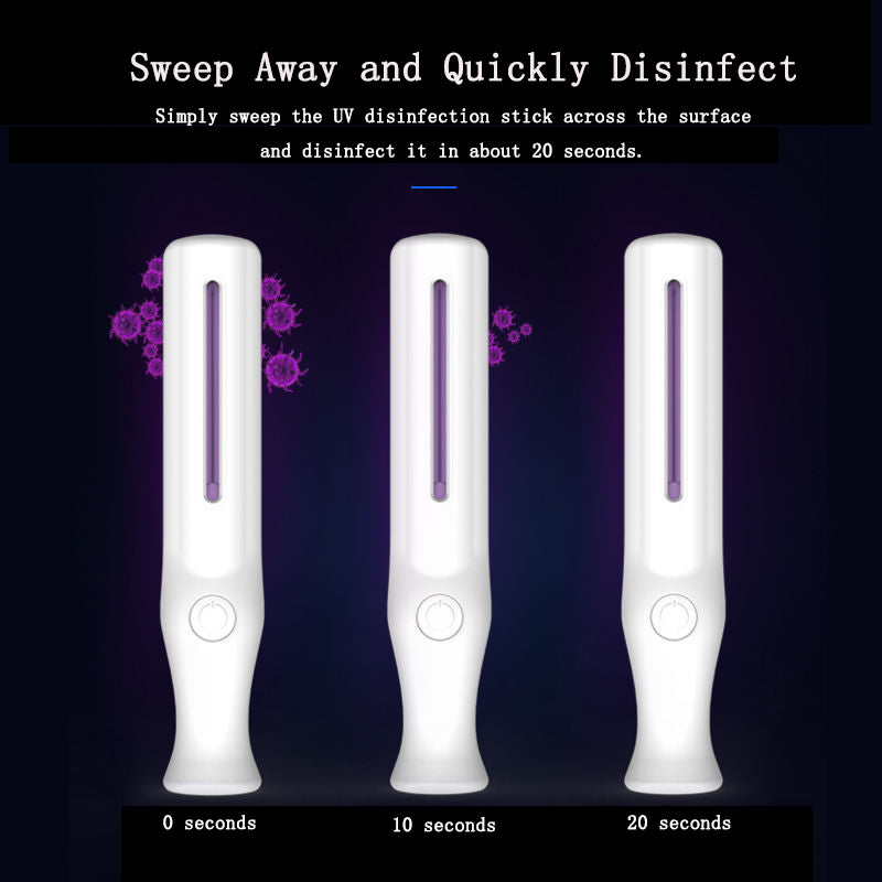 Three white UV disinfection sticks, purple effect, labeled 0, 10, and 20 seconds against dark background.