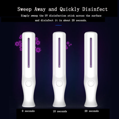 Three white UV disinfection sticks, purple effect, labeled 0, 10, and 20 seconds against dark background.