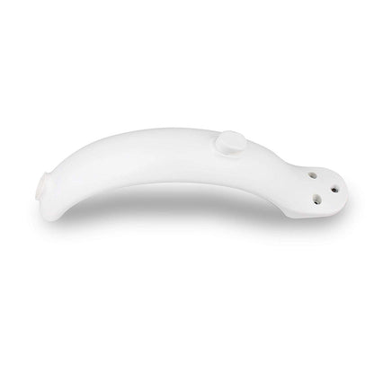Curved white plastic object with a small knob and three holes on one end, on a white background.