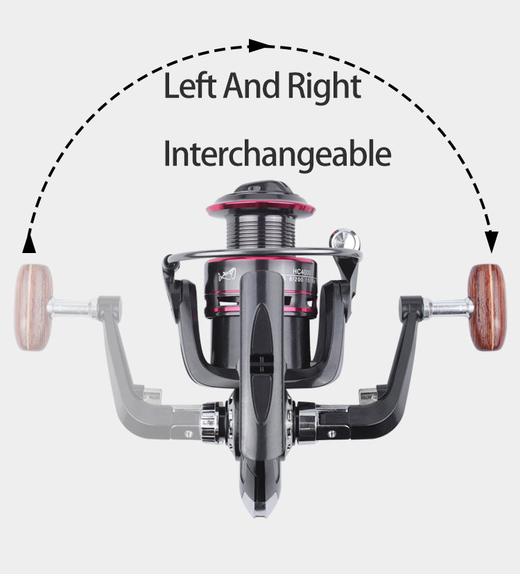 Black fishing reel with wood handles, red accents, and interchangeable left-right hand use.