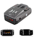 Gray radar detector with angular design, LED display, and red indicator lights.