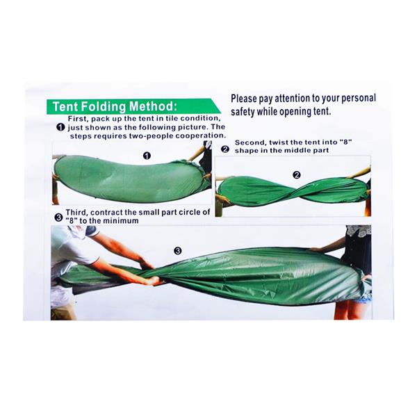 Guide on folding a green tent into an "8" shape, featuring three illustrated steps and safety text.