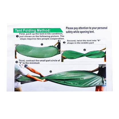 Guide on folding a green tent into an "8" shape, featuring three illustrated steps and safety text.