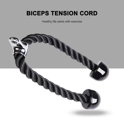 Black twisted tension cord with shiny silver attachment and black rubber ends on gray background.