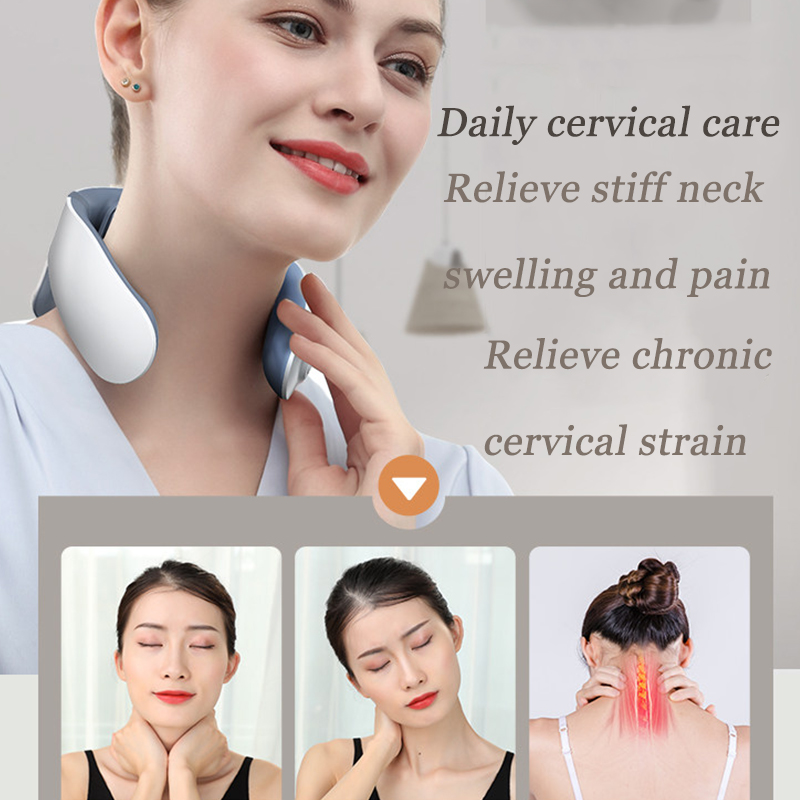 Woman using a gray neck massager, text detailing cervical care benefits, plus three small images below.