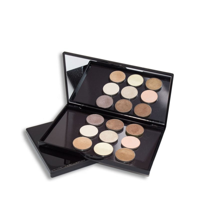 Open eyeshadow palette with 12 neutral shades in a black case, mirrored inside.