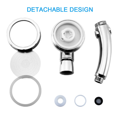 Exploded view of a silver detachable showerhead with white and black components on a white background.