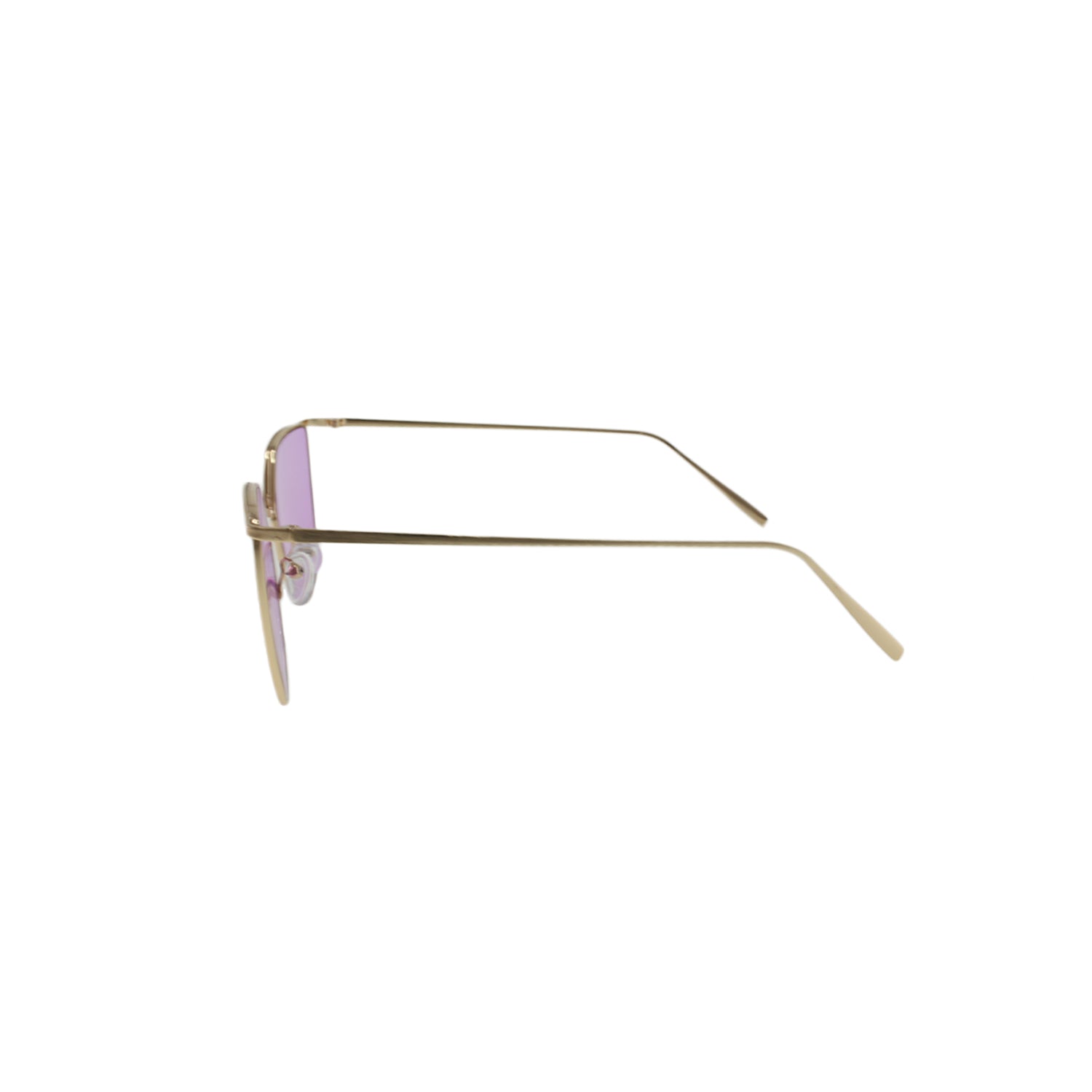 Side view of sunglasses with thin gold frames and lightly tinted purple lenses on a white background.