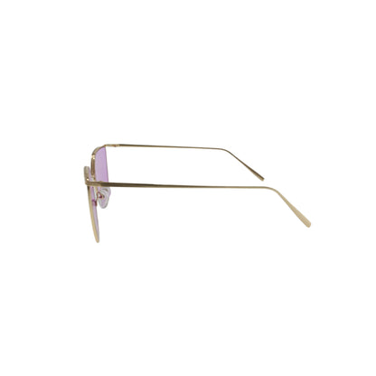 Side view of sunglasses with thin gold frames and lightly tinted purple lenses on a white background.