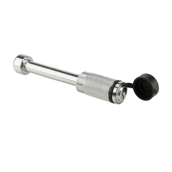 Silver cylindrical tool with a knurled grip, open black cap, and polished metal finish.