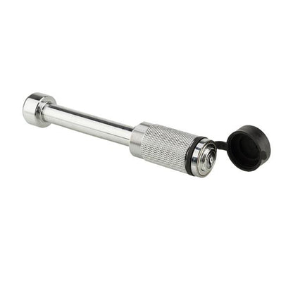 Silver cylindrical tool with a knurled grip, open black cap, and polished metal finish.