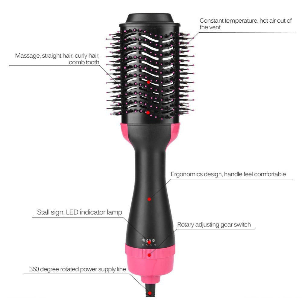 Pink and black hair dryer brush with labeled features and ergonomic handle design.