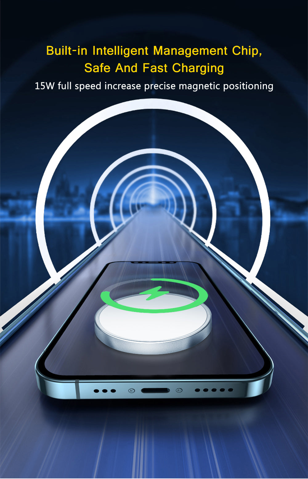 Smartphone with wireless charger, glowing green charge symbol, on futuristic blue background.