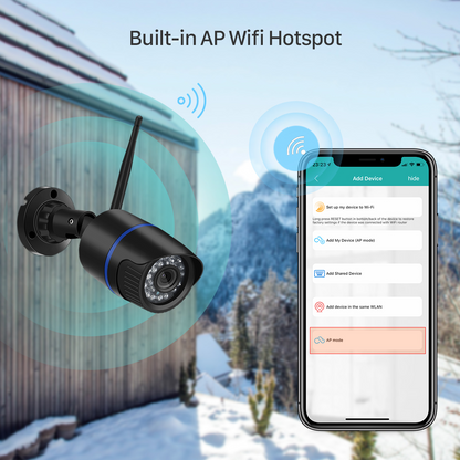 Security camera with antenna on wall, smartphone screen showing WiFi setup, snowy mountain backdrop.