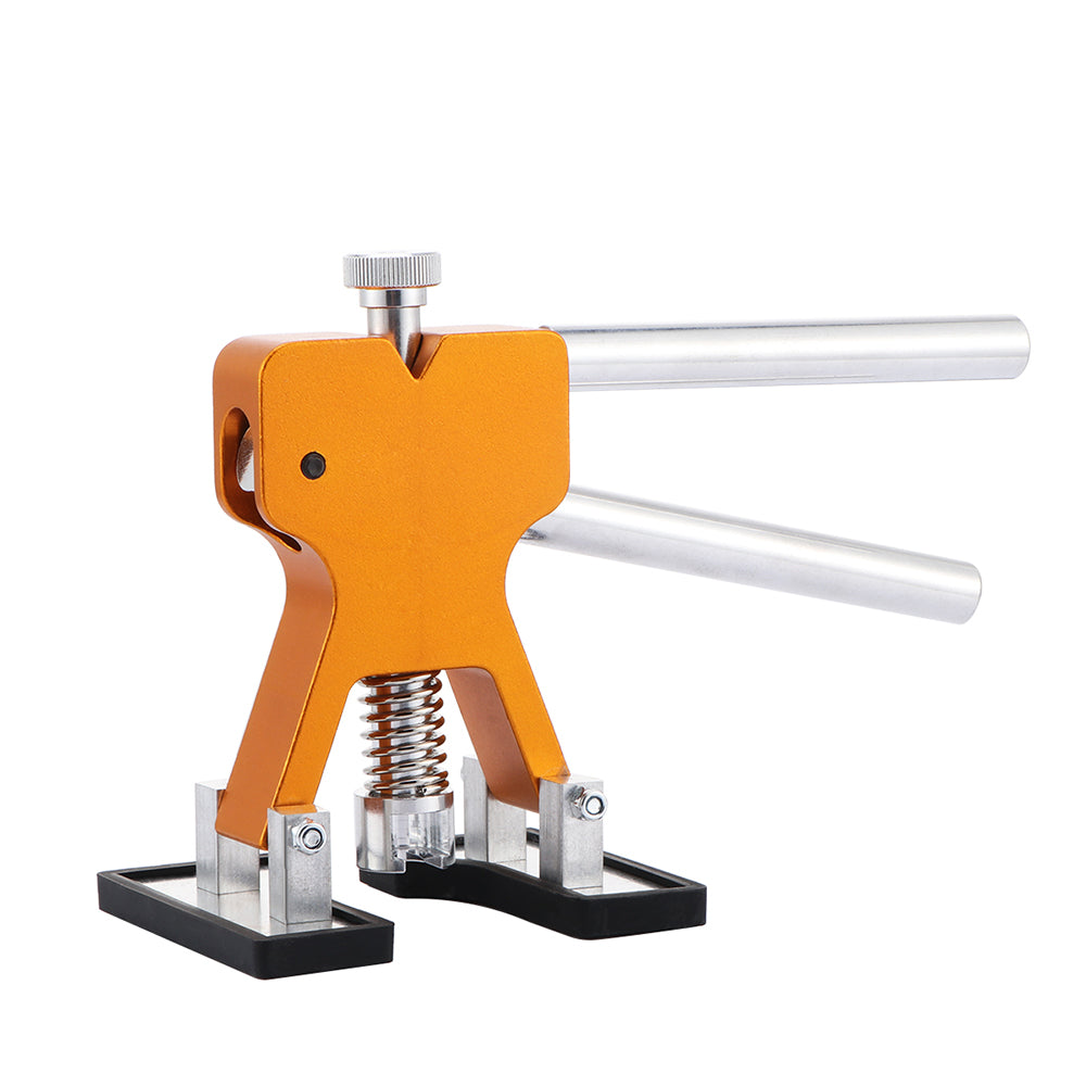 Orange tile leveling tool with silver handles and a spring-loaded base on white background.