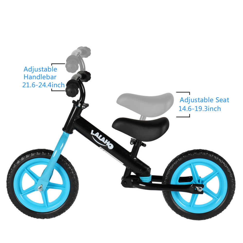 Black balance bike with bright blue wheels, adjustable handlebar, and seat for children.