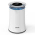 White cylindrical air purifier with black top and blue light accents, featuring a branding logo.