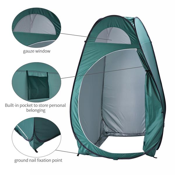 Green pop-up tent with gauze window, built-in pocket, and ground nail point for stability.
