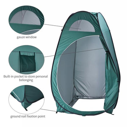 Green pop-up tent with gauze window, built-in pocket, and ground nail point for stability.