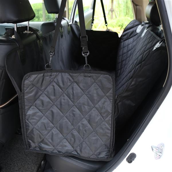 Black quilted pet seat cover hanging inside a car&