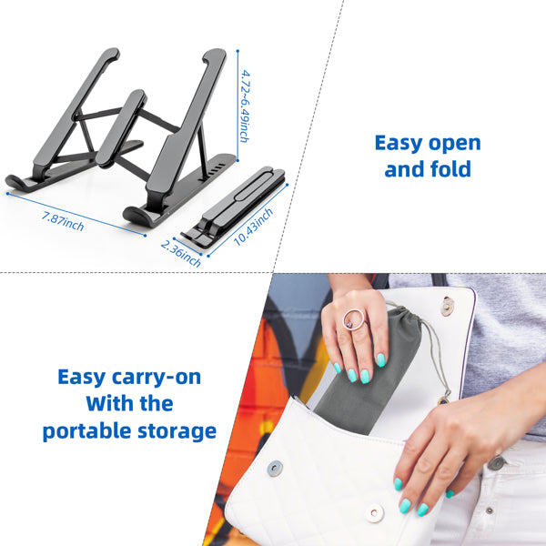 Black adjustable stand with dimensions, and hands placing it in a white purse.