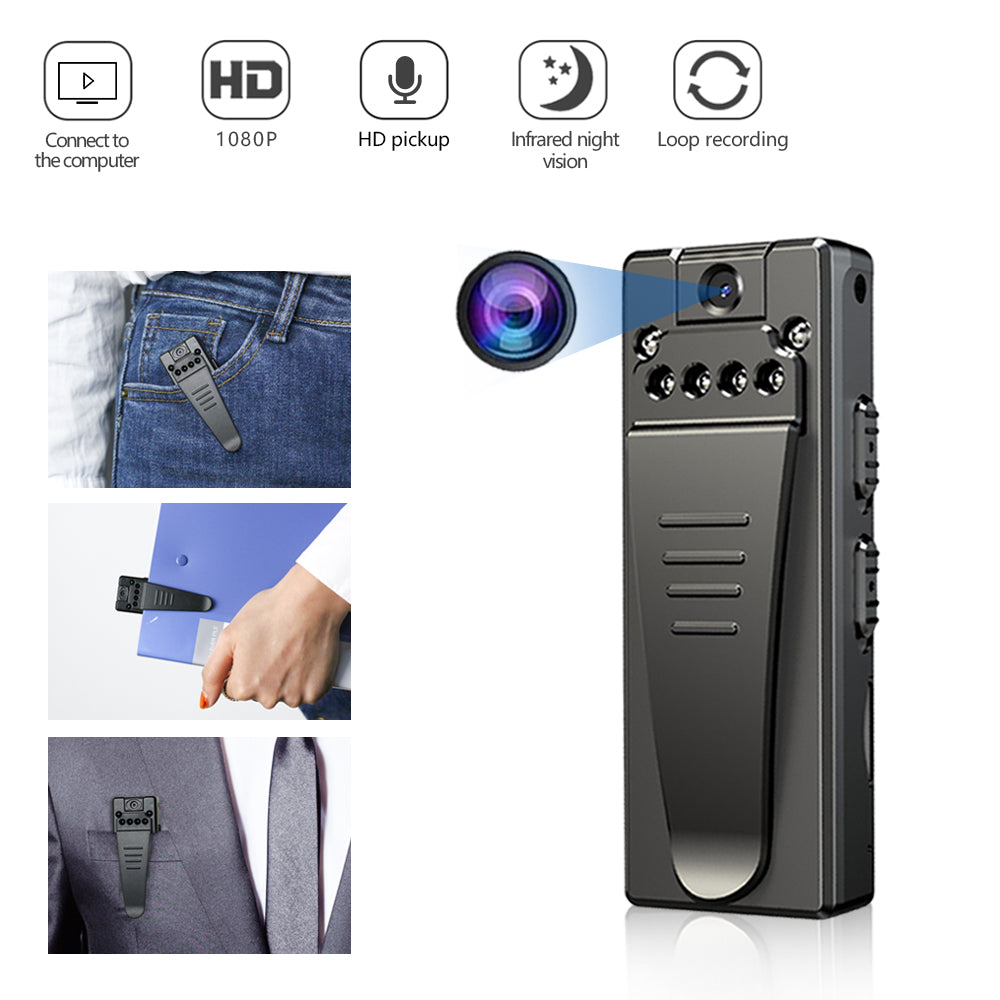 Black clip-on camera with night vision, shown on jeans, folder, and suit. Icons above indicate features.