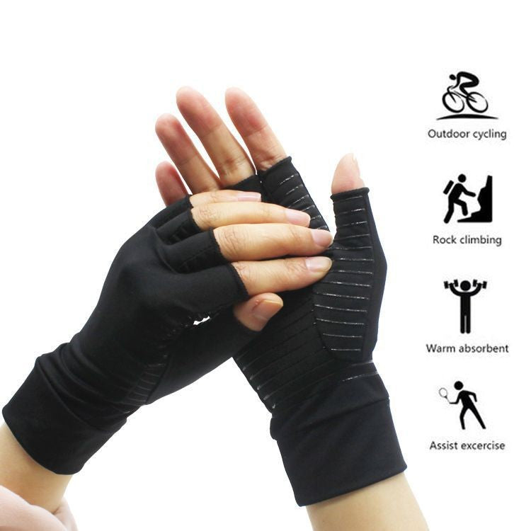 Person wearing black fingerless gloves with textured grip, icons of outdoor activities beside.