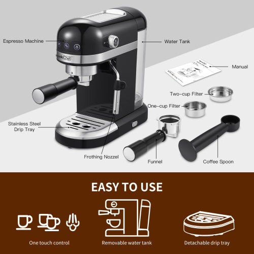 Espresso machine with labeled parts and accessories on a gray background; features one-touch control.