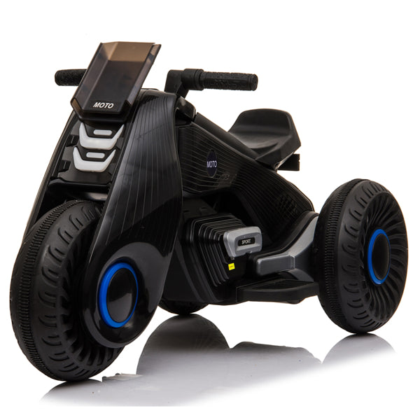 Futuristic black trike with blue accents, large wheels, and a sleek, angular design.