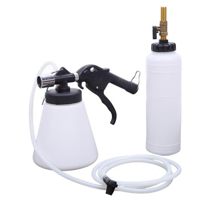 White plastic fluid extraction tool set with black handles, hoses, and brass fittings.