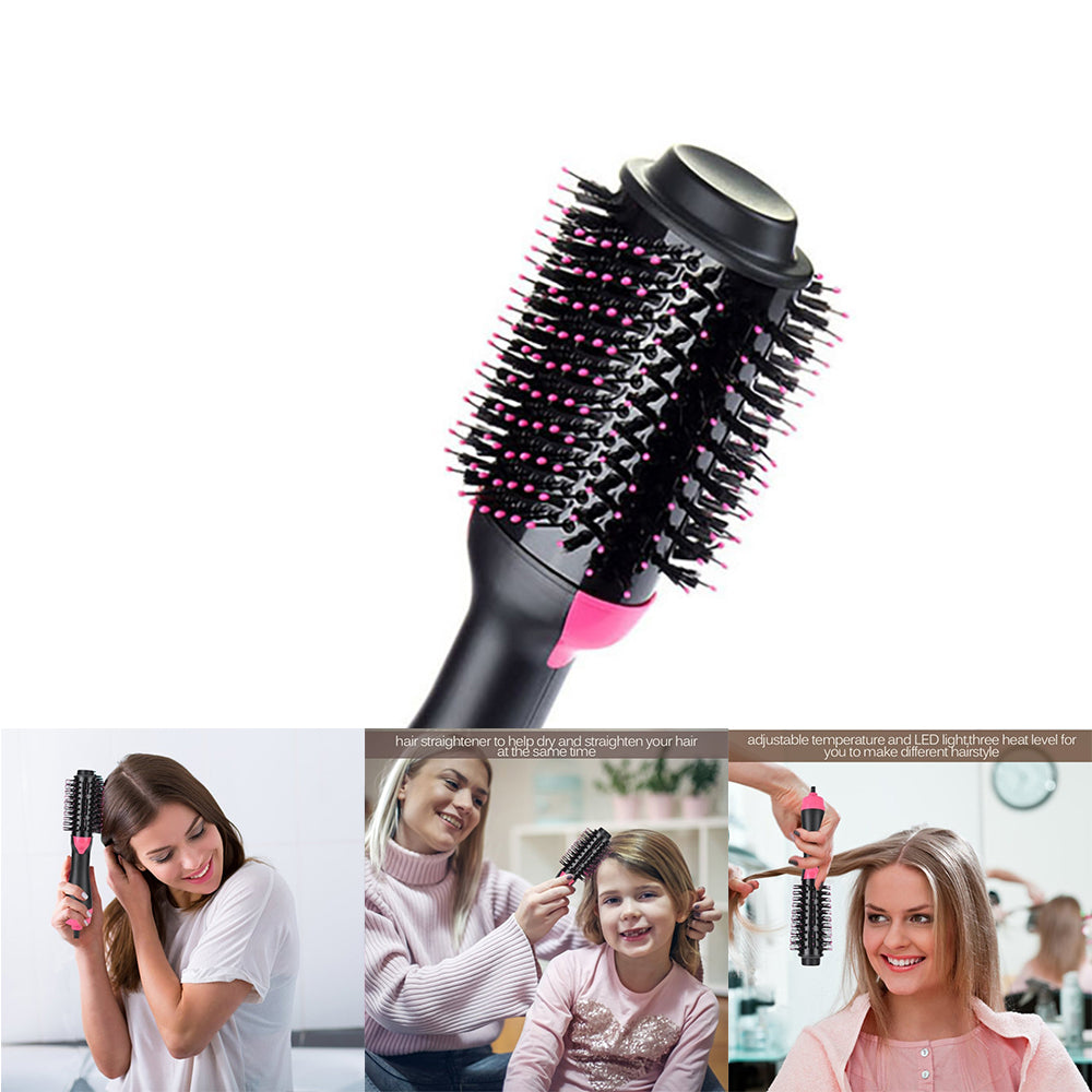 Black and pink round hairbrush with bristles; people using it for styling hair.