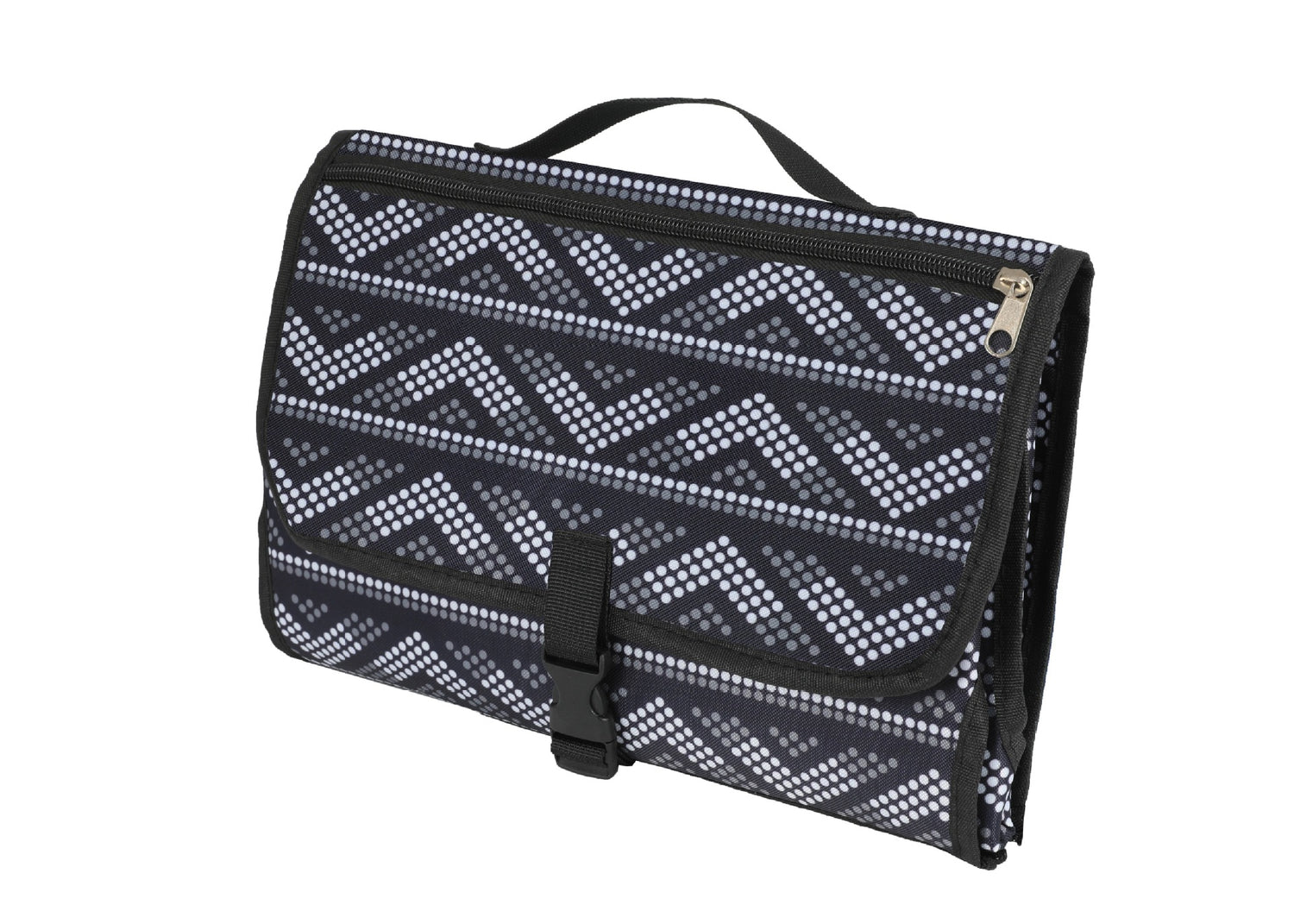 Black and white zigzag patterned bag with a handle, zipper, and buckle clasp.