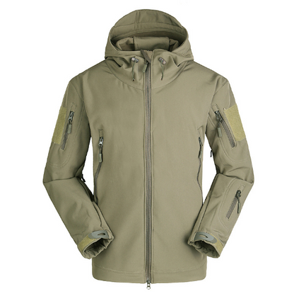 Olive green tactical jacket with hood, multiple zipped pockets, and Velcro patches on sleeves.