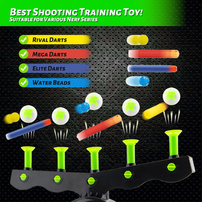 Toy shooting targets on black background with green, yellow, red, and blue darts and water beads.