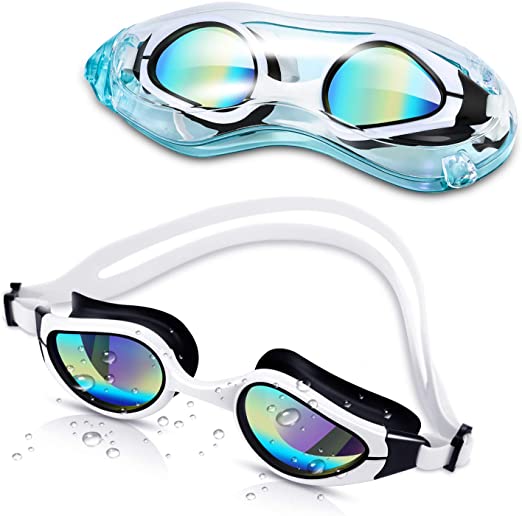 White swim goggles with mirrored lenses, droplets, and clear blue case on a white background.