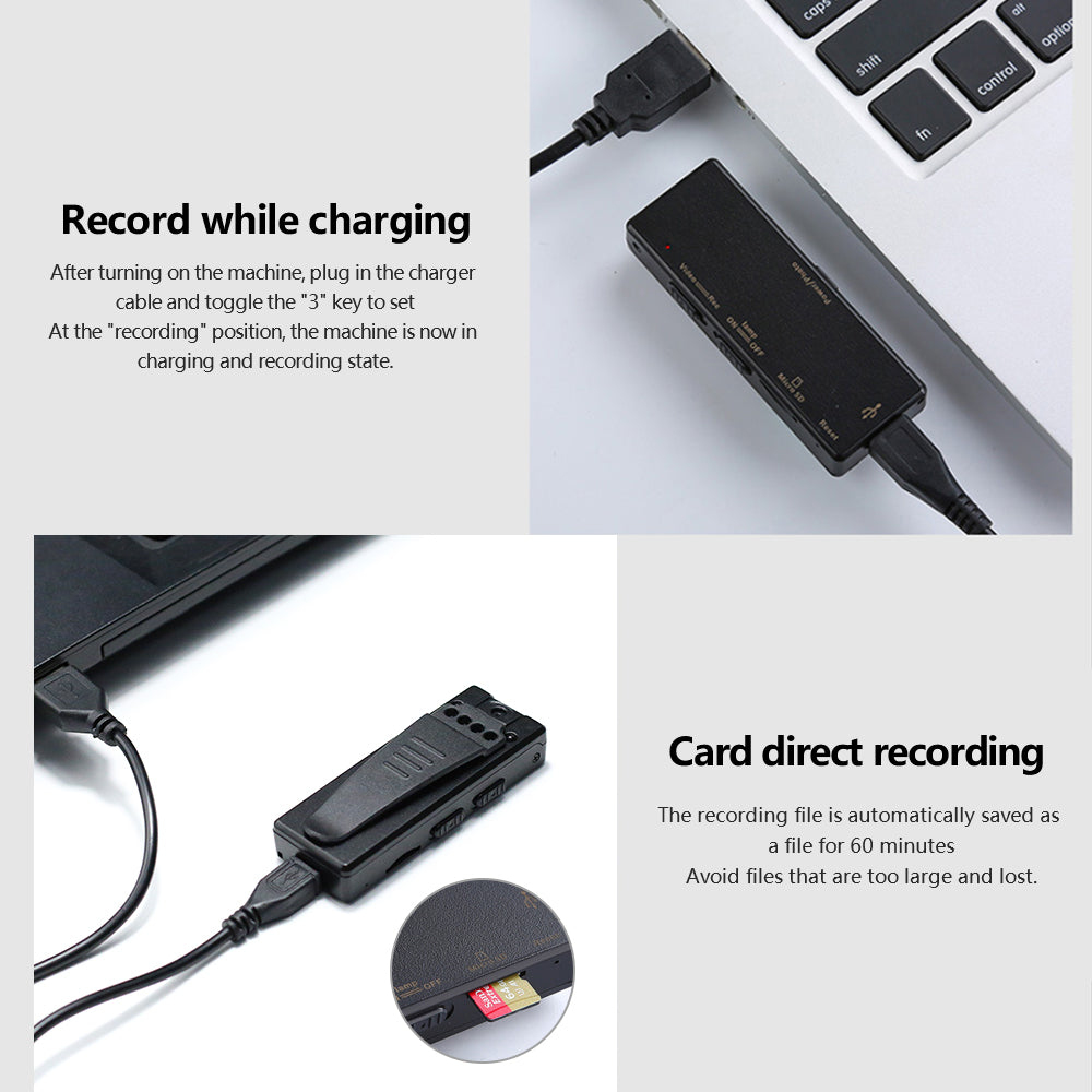 Black recording devices connected to laptops with USB cables, text emphasizes recording features.