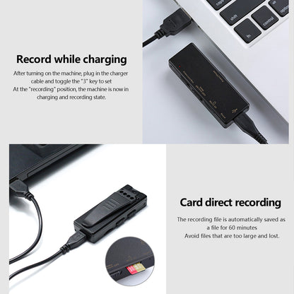 Black recording devices connected to laptops with USB cables, text emphasizes recording features.