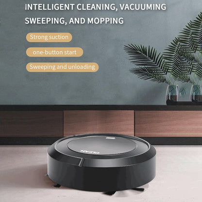 Black robotic vacuum on floor, modern wooden cabinet, green plants, and text describing features.