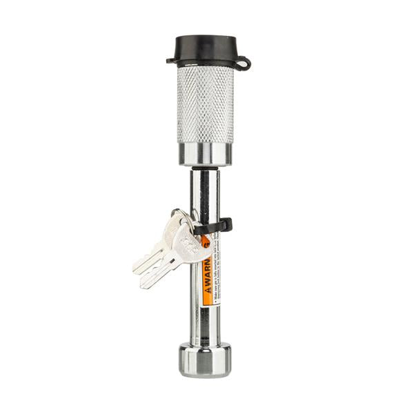 Silver hitch lock with keys, textured grip, and orange warning label on a white background.