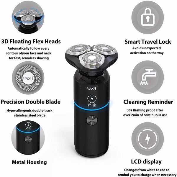 Black electric shaver with 3D flex heads, metal housing, and blue-lit LCD display.