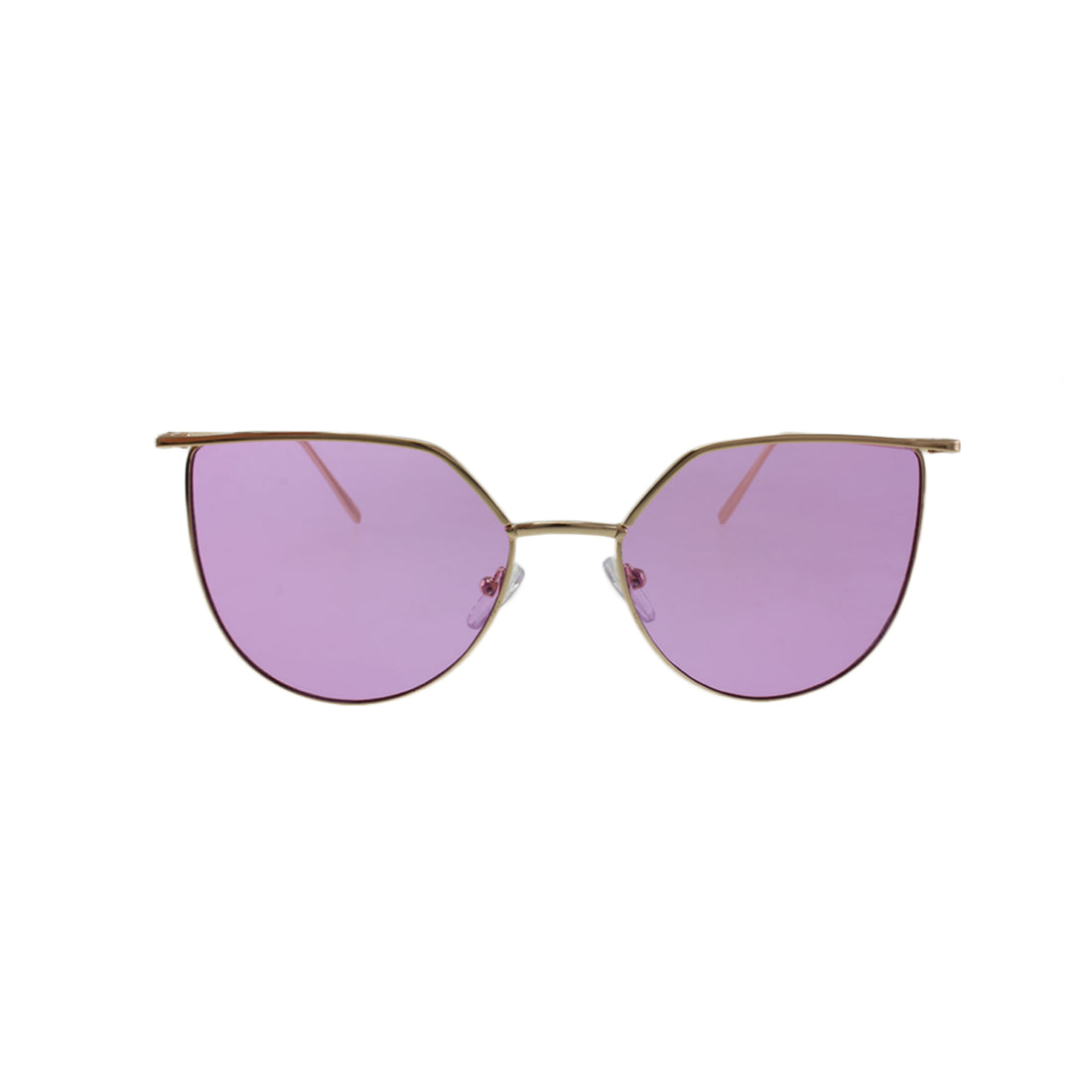 Gold-framed sunglasses with purple lenses on a white background.