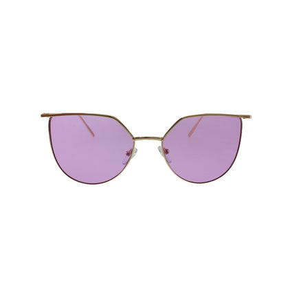 Gold-framed sunglasses with purple lenses on a white background.