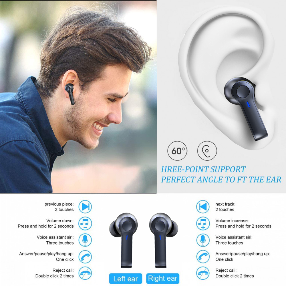 Man wearing black earbuds, showing fit. Diagram illustrates earbud functions and touch controls.